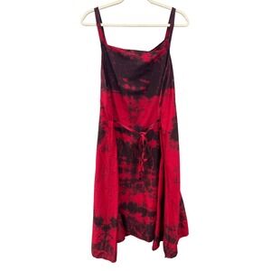 Krista Larson Tie Dye Red Black Silk Cotton Dress One Size Spaghetti Strap Midi